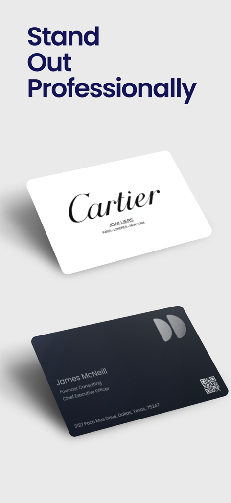 Covve - Digital Business Card - Two sleek digital business cards featuring professional branding and a QR code.