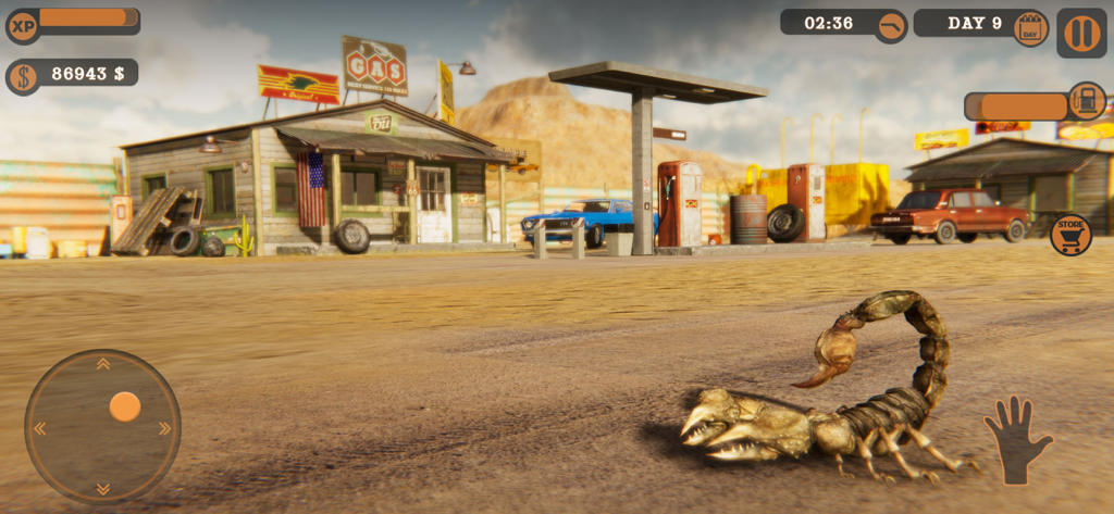 My Gas Station Market Sim - A desert gas station scene from My Gas Station Market Sim featuring a scorpion in the foreground and a blue car at the pump.