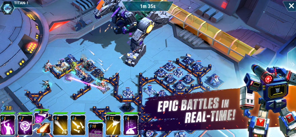 Transformers: Earth Wars - Transformers Earth Wars Gameplay, das eine Echtzeit-Strategieschlacht zwischen Robotern zeigt