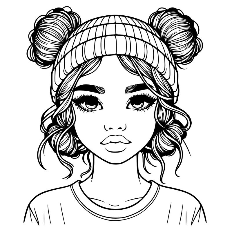 realistic girl with buns in her hair with a beanie on