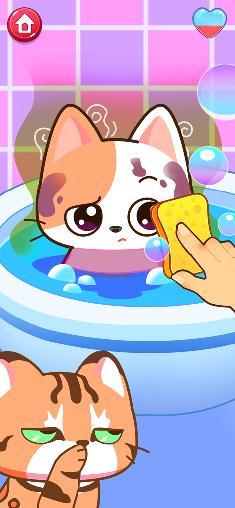 Cat Games for kids - Limpiando un lindo gato de dibujos animados en una bañera con una esponja amarilla