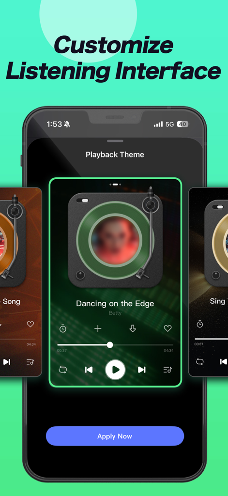 Melodista - Offline Music - Customizable vinyl record playback themes in the Melodista music player interface.