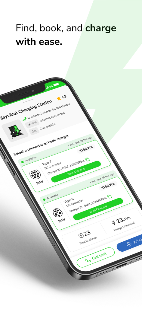 Interfaz de la aplicación móvil Bolt.Earth que muestra detalles de una estación de carga de vehículos eléctricos, incluidos los tipos de conector, la disponibilidad y el precio por kilovatio-hora