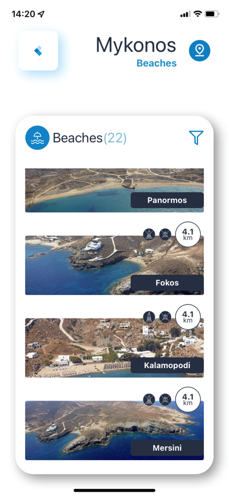 SafeWaterSports - A list of beaches in Mykonos on the SafeWaterSports app including Panormos, Fokos, Kalamopodi, and Mersini with photos and distances.