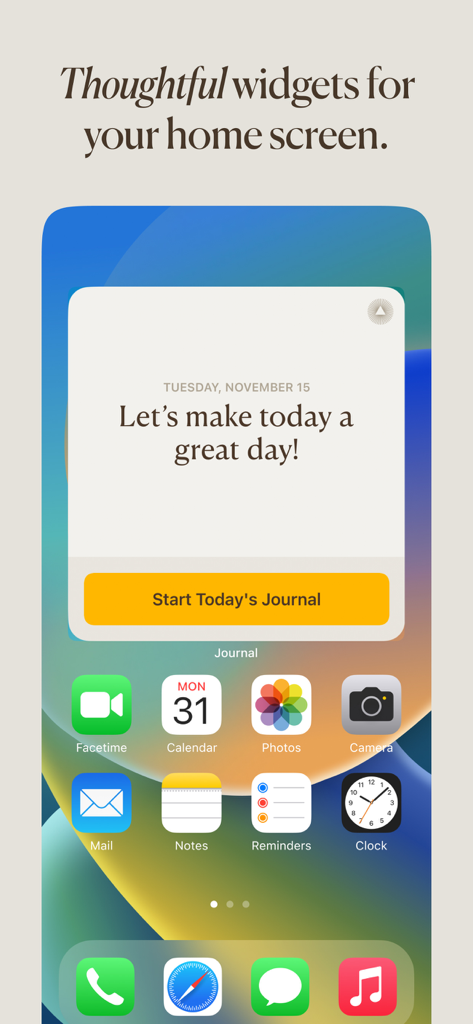 An iPhone home screen featuring a Five Minute Journal widget with a daily positive prompt and a Start Today button