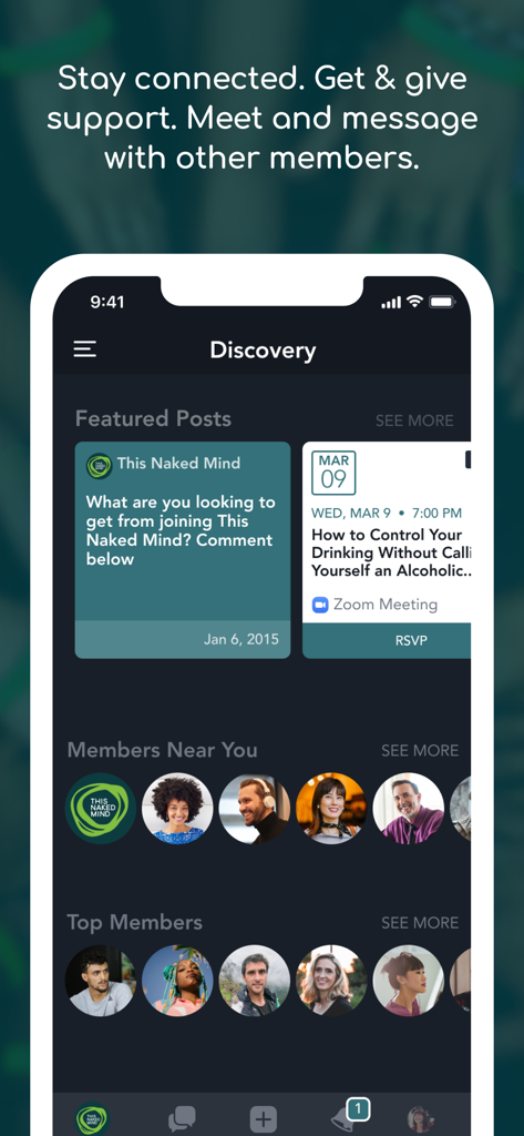 Entdeckungsbildschirm der This Naked Mind App, der Community-Beiträge und Mitgliederprofile anzeigt