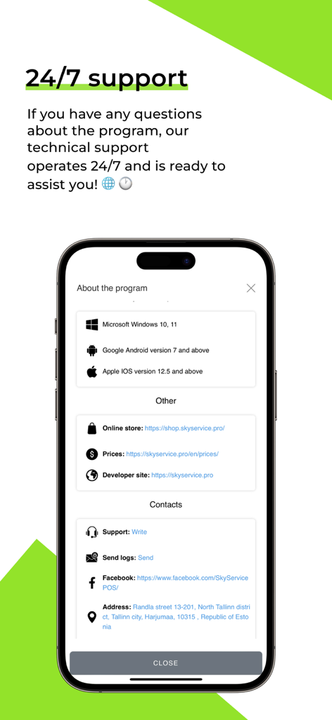 SkyPOS Cloud POS - SkyPOS technical support and contact details screen