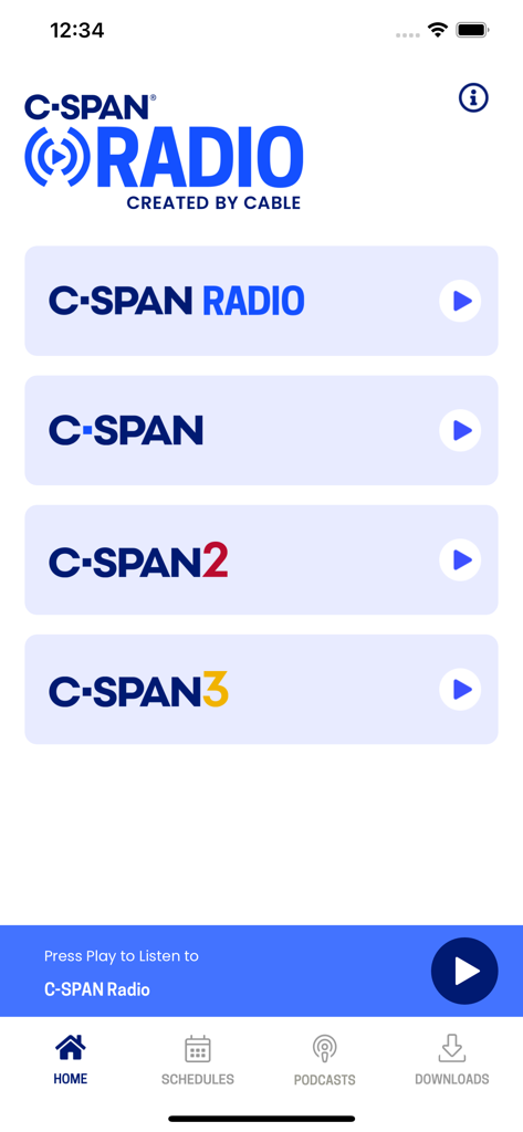 Startbildschirm der C-SPAN Radio App mit Audio-Stream-Optionen für C-SPAN Radio und Fernsehsender