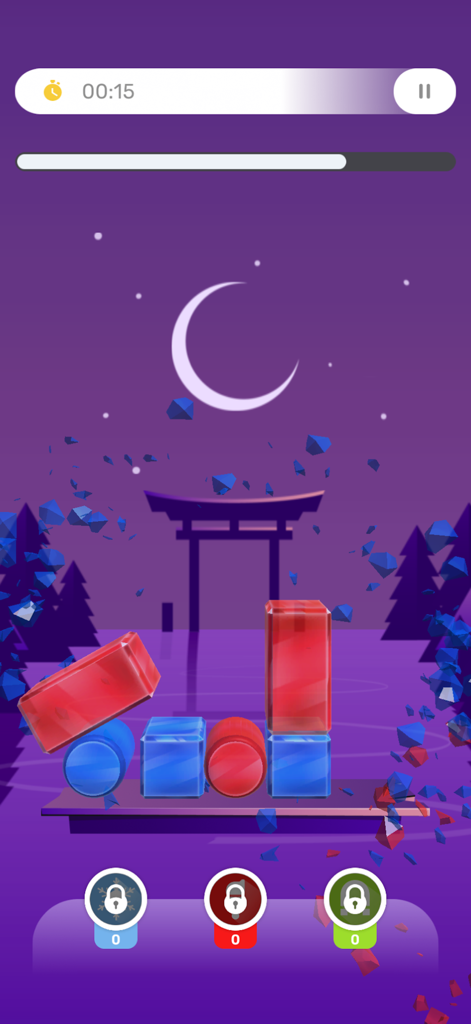 Glass Tower 2025 - Gameplay of Glass Tower 2025 showing red and blue glass blocks shattering under a crescent moon.