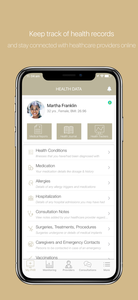 Das Dashboard der Harley Street Clinic App zeigt die persönlichen Gesundheitsakten von Martha Franklin, einschließlich Krankheiten, Medikamenten und Allergien.