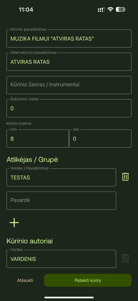 A mobile app interface showing a registration form for a new musical work with fields for title, duration, and author in Lithuanian.