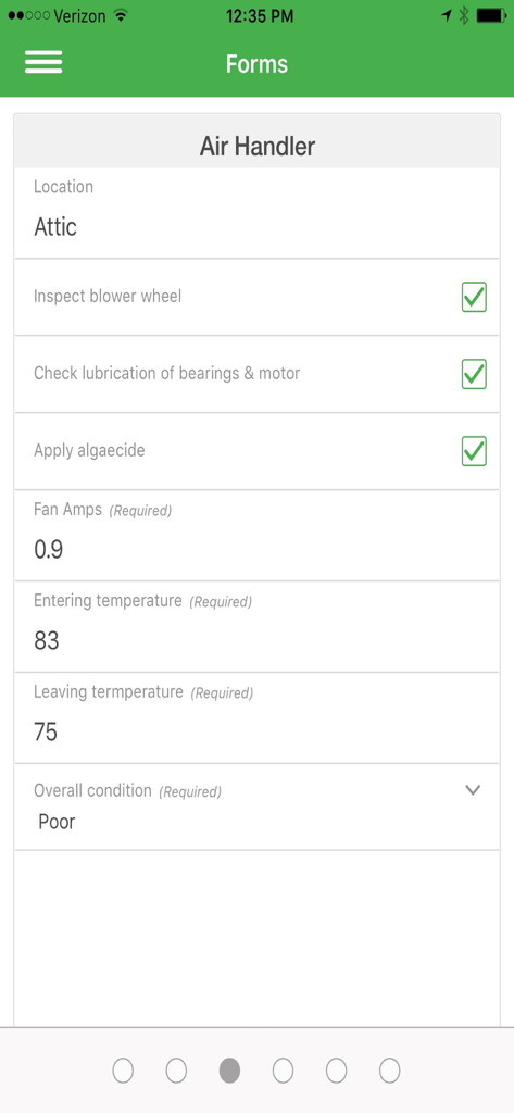 Digital HVAC inspection form in the FieldEdge app for an air handler unit showing service steps and technical readings