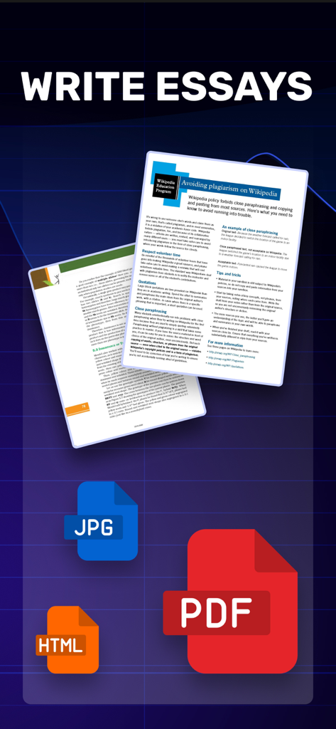 PDF、JPG、HTMLのオプションをエクスポートするエッセイ作成とドキュメントエクスポート機能を示すChat AIアプリの画面