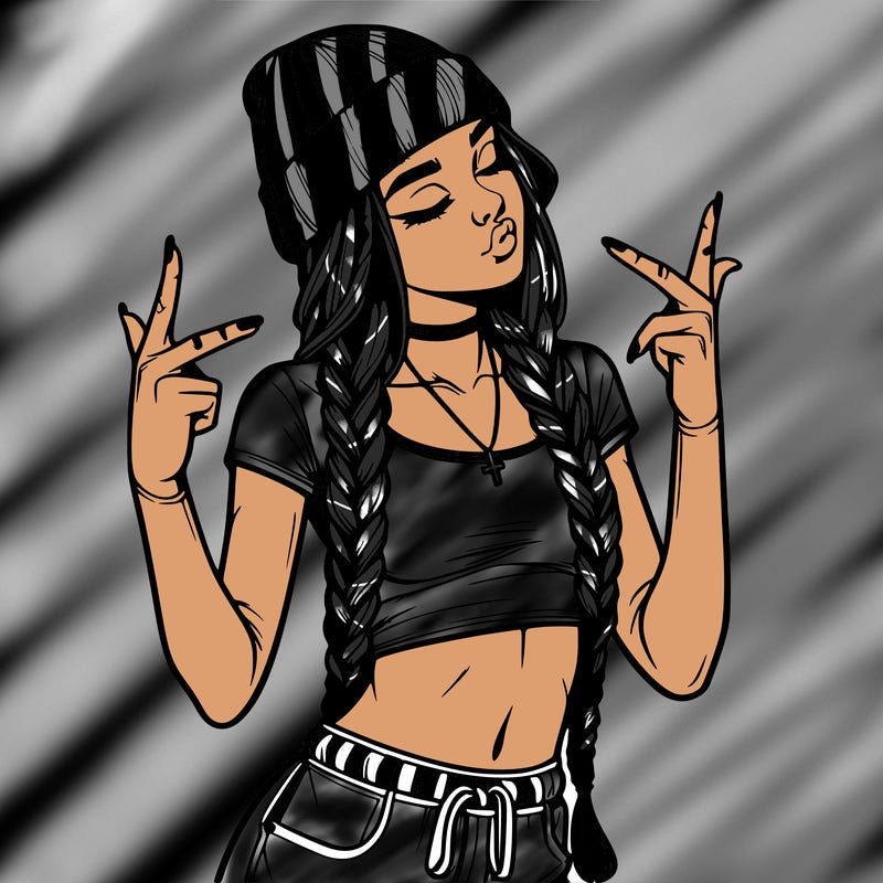 realistic teenage girl with braids and a beanie and crop top doing 🫶🏼