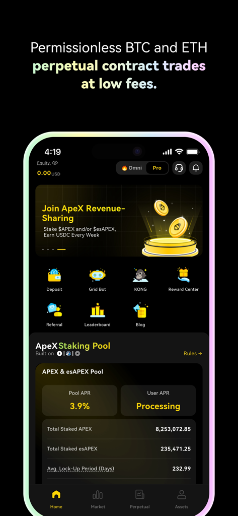 Mobile dashboard of ApeX Protocol app featuring crypto staking rewards and perpetual contract trading options.