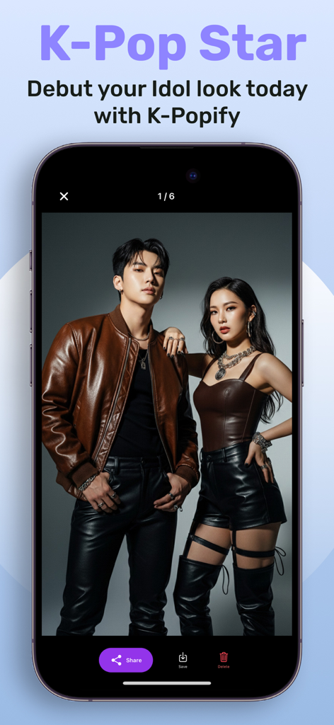 K-Popify: K-Pop Photo Studio - Uma tela de celular mostrando o aplicativo K-Popify com duas pessoas em trajes de ídolo K-Pop e o título 'Estreie seu visual de ídolo hoje'.