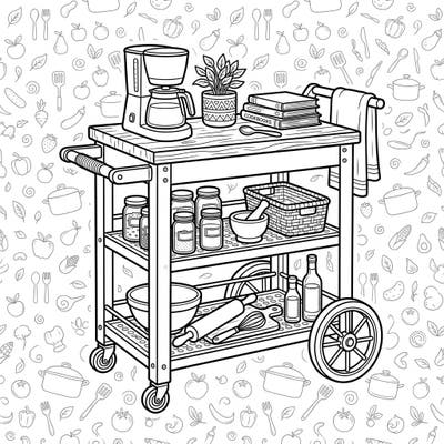 Dive into the delightful details of this kitchen cart coloring page, perfect for anyone who loves cooking or intricate designs. This mobile culinary station is brimming with everyday kitchen essentials, ready for your artistic touch.