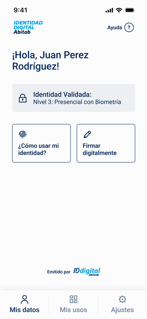 Identidad Digital Abitab - Identidad Digital Abitab app home screen showing a validated user identity and digital signature options