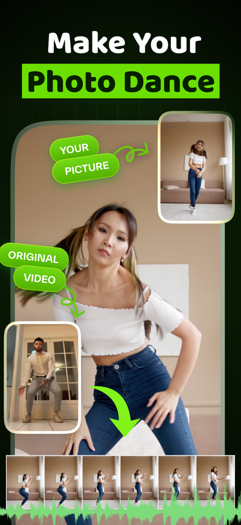 App interface showing a static photo of a woman being transformed into a dancing video using AI motion transfer technology.