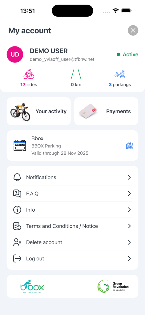 Benutzerprofil-Bildschirm der i'velo Bike-Sharing-App mit Fahrhistorie und Statistiken