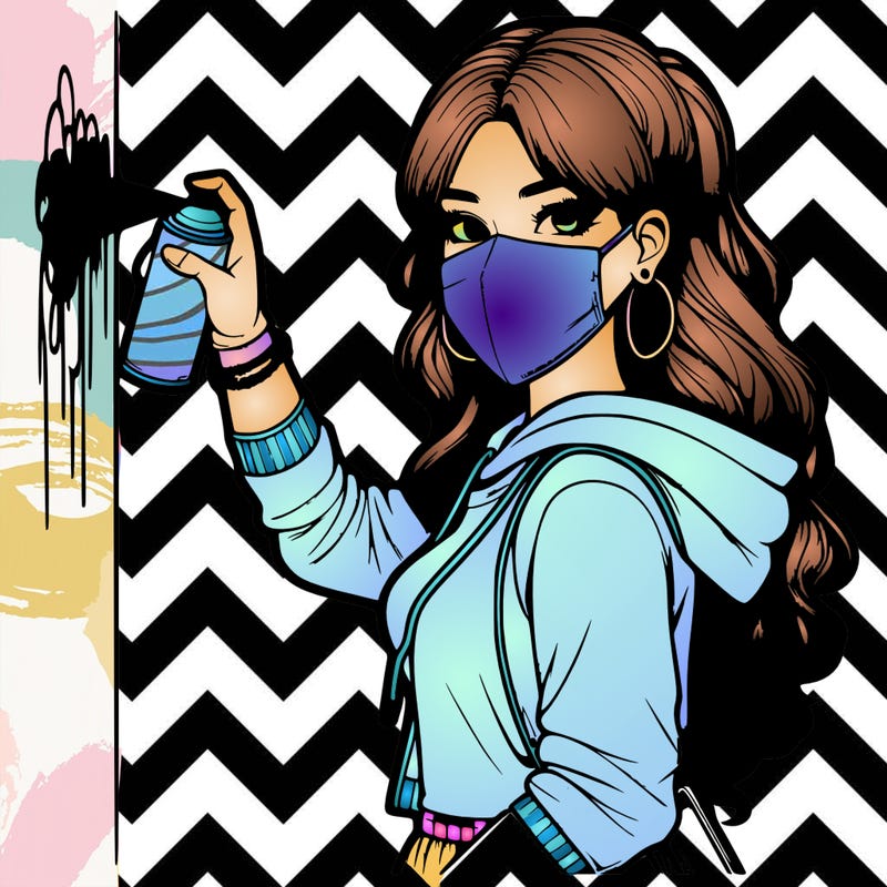 realistic girl with mask spray painting a wall