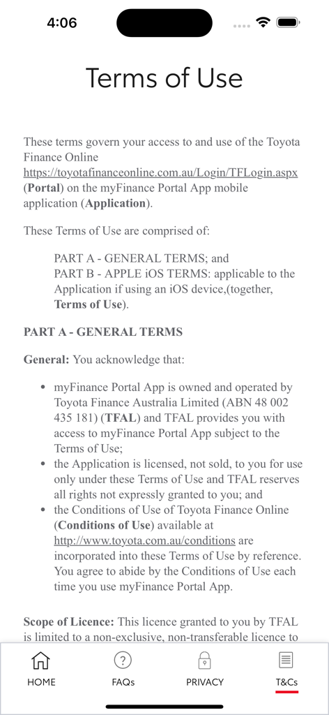 myFinance Portal - Écran des conditions d'utilisation de l'application Toyota myFinance Portal