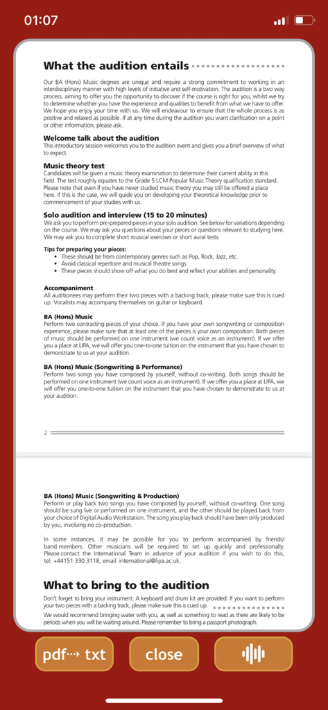 PDF Voice Reader - 音楽オーディションに関する文書と、テキスト読み上げおよび変換ボタンが下部にあるPDF音声リーダーアプリのインターフェース