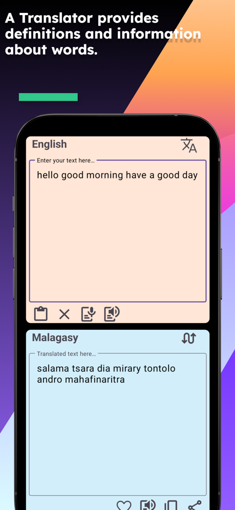 English Malagasy Translator - English to Malagasy translation screen showing a morning greeting on a mobile app