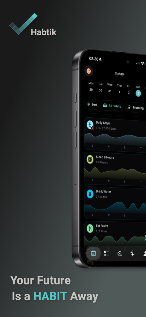 Habit Tracker - Habtik - Habtik app interface showing a dashboard of daily habits like steps and sleep with data visualization graphs.