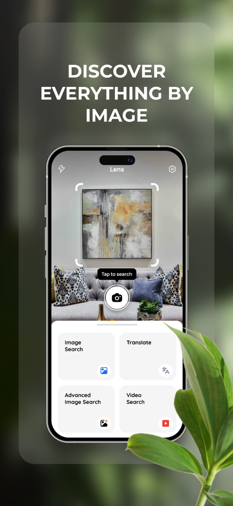 Lens: Translate & Image Search - iPhone screen of the Lens app featuring image and video search and translation tools