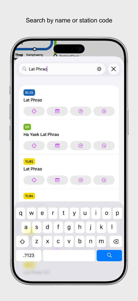 Search screen in the Bangkok City Metro app showing results for a station name query with station codes and icons.