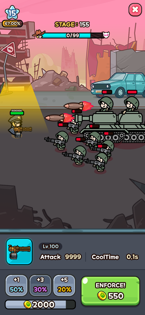 Lucky Guy! Defense Game - Gameplay of Lucky Guy Defense Game featuring a hero with a minigun battling a tank and soldiers with a luck-based upgrade menu.