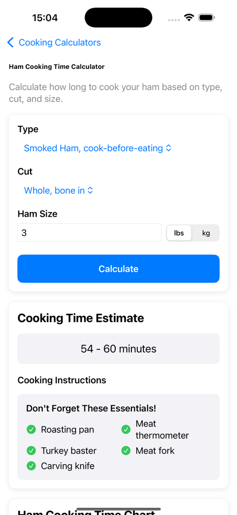 Cooking Baking Calculators - Interface of the ham cooking time calculator showing an estimated cooking time of 54 to 60 minutes and a checklist of kitchen essentials