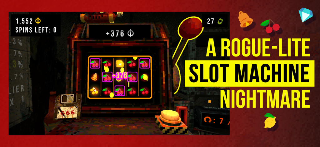 CloverPit - Une interface de machine à sous rogue-lite d'horreur dans le jeu d'horreur CloverPit, avec des graphismes pixelisés et une atmosphère démoniaque