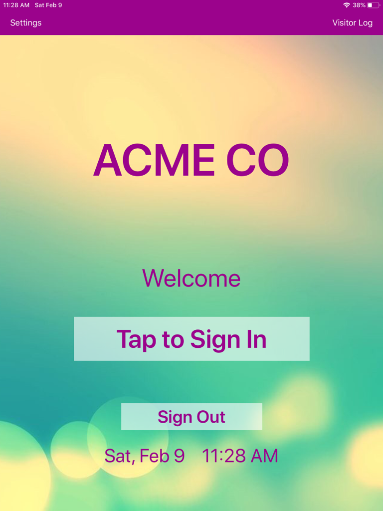 Digital visitor sign-in kiosk welcome screen with a tap to sign in button