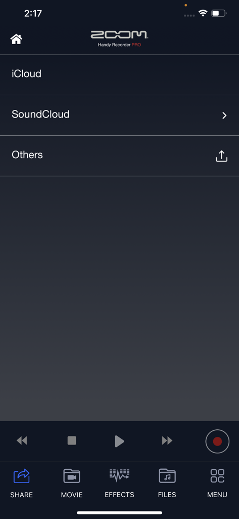 Handy Recorder PRO - Sharing menu in Handy Recorder PRO app showing options for iCloud and SoundCloud