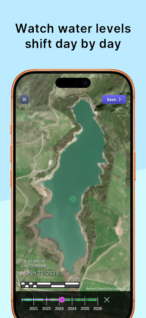 Timelapse Map:Purple Satellite - Screenshot dell'app Purple Satellite che mostra le variazioni del livello dell'acqua in un lago nel tempo.