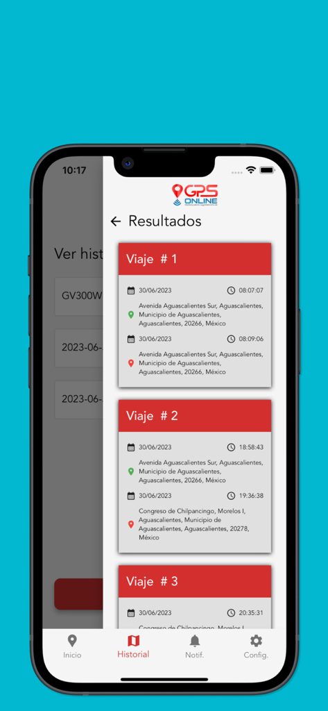 GPS Online - Screenshot der GPS Online App, der ein detailliertes Fahrtverlaufsprotokoll mit Adressen und Zeitstempeln für die verfolgten Fahrzeuge zeigt.