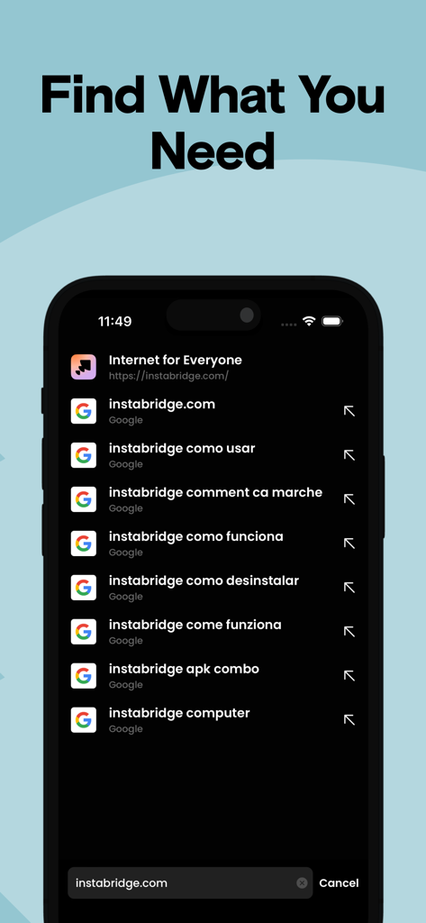 Instabridge Web Browser - A mobile screen showing the search suggestions and autocomplete feature of the Instabridge Web Browser
