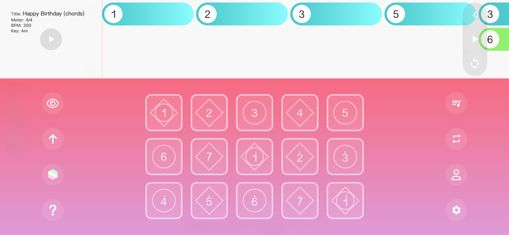 SkyScores - SkyScores app interface showing a song practice screen for Happy Birthday with numerical music notation and a grid instrument layout