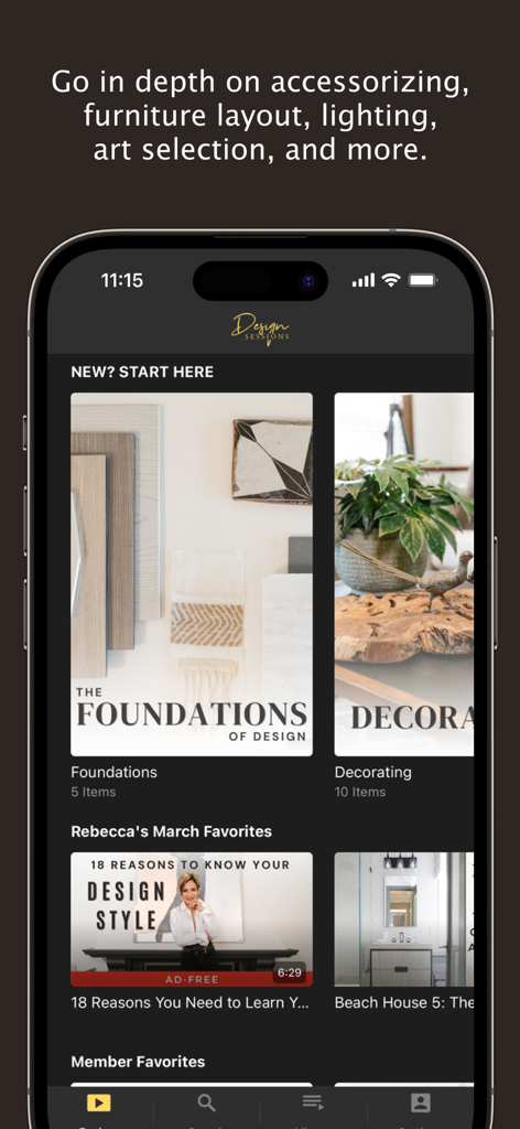 Design Sessions - Interface of the Design Sessions app displaying various interior design courses and video lessons like Foundations of Design and Decorating.