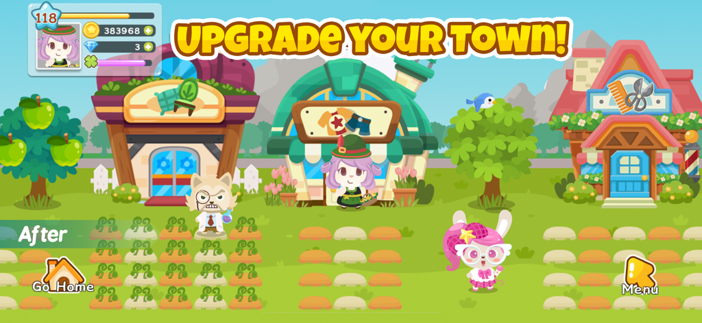 Happy Pet Story gameplay showing a colorful town with cute animal characters and customizable shops