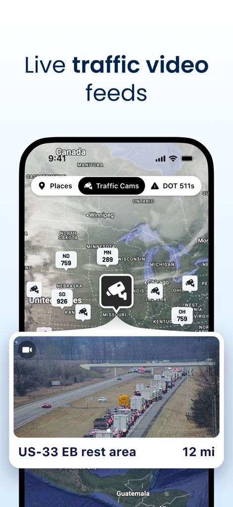 Trucker Path: Truck GPS & Map - Trucker Path App zeigt Live-Verkehrsvideo-Feeds und Autobahnkamera-Standorte auf einer Navigationskarte an.