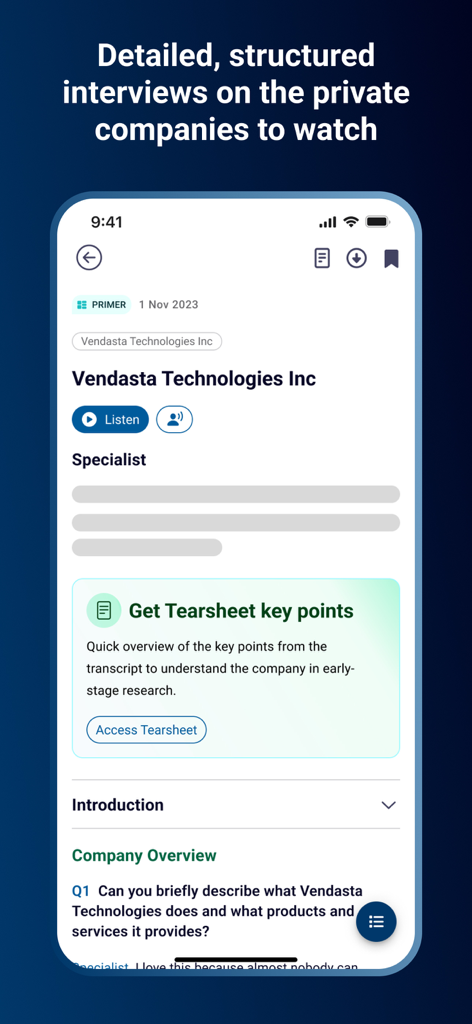 Third Bridge - Third Bridge app interface displaying a company primer and expert interview transcript for Vendasta Technologies