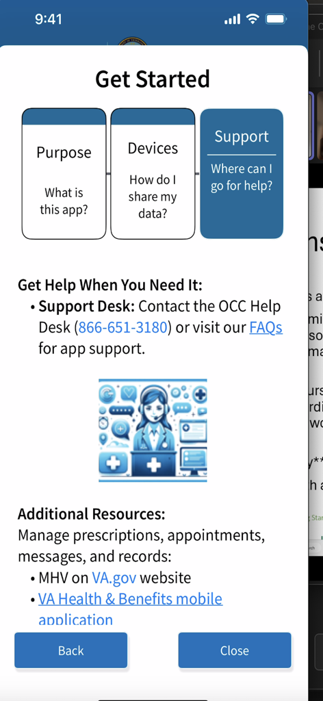 Share My Health Data - Support screen in the Share My Health Data app showing contact info for the support desk and additional resources