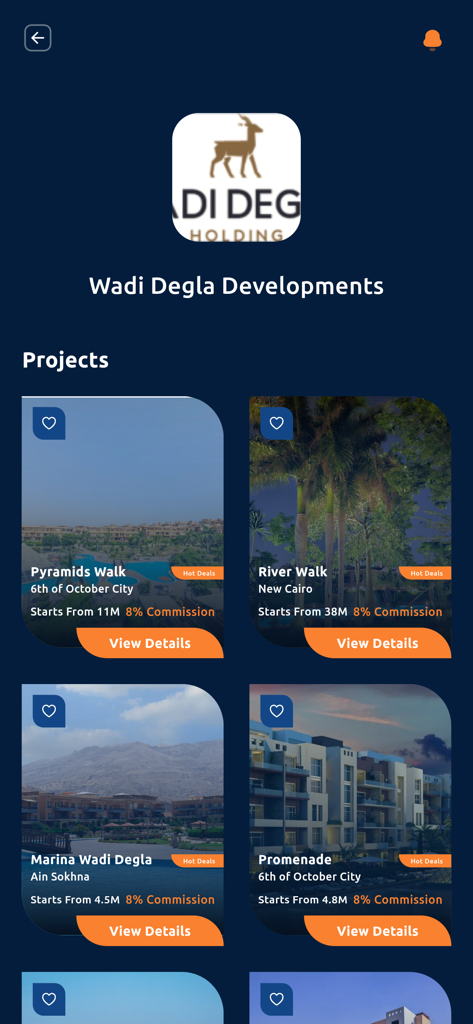 Dar | دار - Listados de proyectos inmobiliarios en Egipto de Wadi Degla Developments en la interfaz de la aplicación Dar
