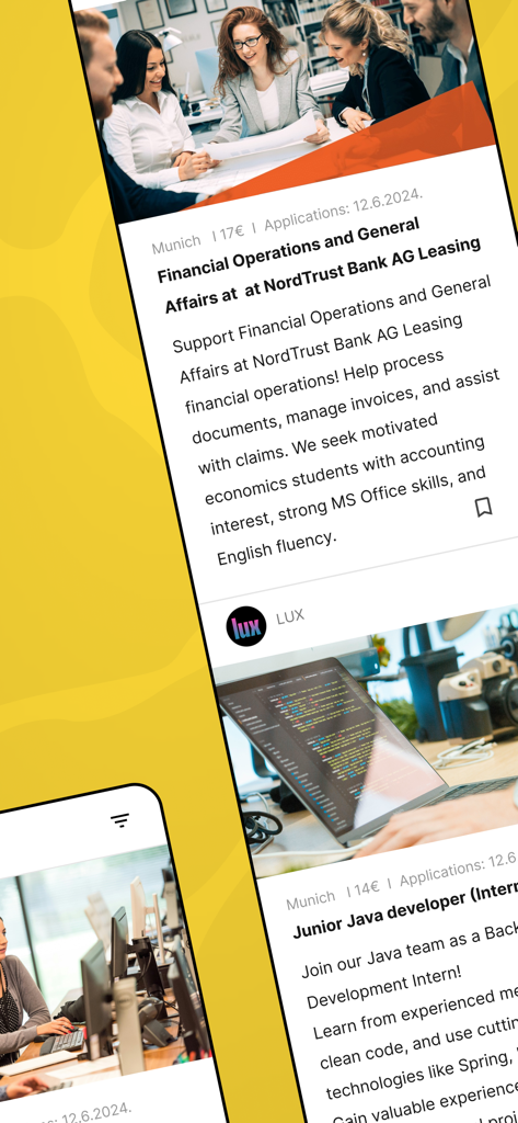 DING Jobs - Student Jobs - Um feed móvel rolável mostrando várias vagas de emprego para estudantes e estágios.