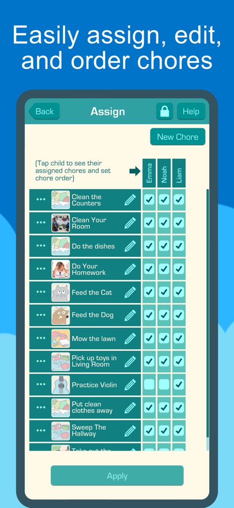 Chores & Allowance Bot - A mobile app screen showing a list of household chores with checkboxes to assign them to different children named Emma Noah and Liam.