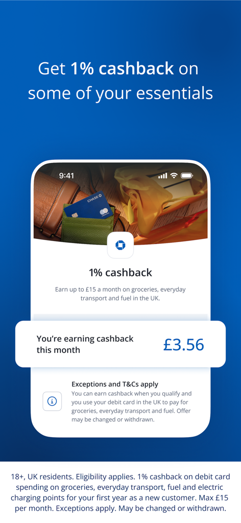 Chase UK - Chase UK mobile app screen showing 1 percent cashback rewards on everyday essentials