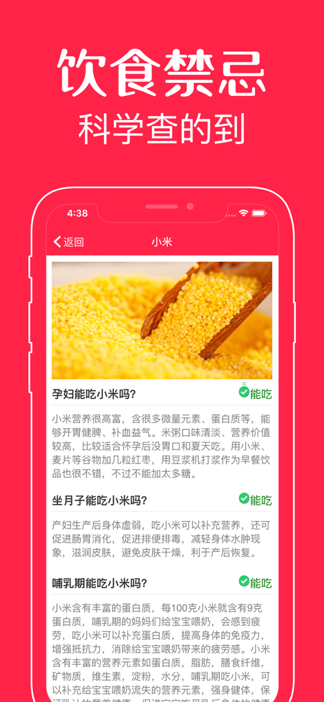 Mobile app screen showing dietary advice and safety information for eating millet during pregnancy and postpartum in Chinese.